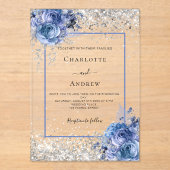 Invitations En Acrylique Silver blue florals clear luxury wedding (Recto)