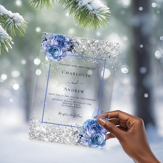 Invitations En Acrylique Silver blue florals clear luxury wedding