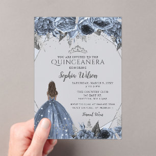 Invitations En Acrylique Silver Dusty Blue Floral Princesse Quinceañera
