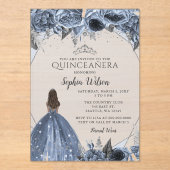 Invitations En Acrylique Silver Dusty Blue Floral Princesse Quinceañera (Recto)