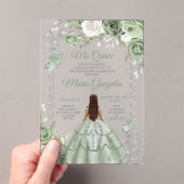 Invitations En Acrylique Silver Mis Quince Sage Vert Floral Quinceañera (In situ (ordinateur de poche))