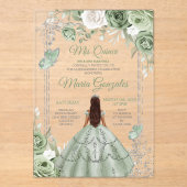 Invitations En Acrylique Silver Mis Quince Sage Vert Floral Quinceañera (Recto)