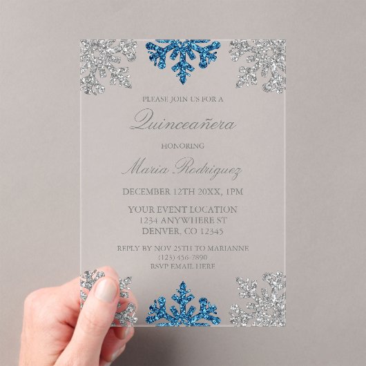 Invitations En Acrylique Silver Navy Blue Snowflake Winter Quinceanera (In situ (ordinateur de poche))