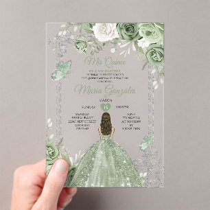 Invitations En Acrylique Silver Sage Green Mis Quince 15 Anos Butterfly