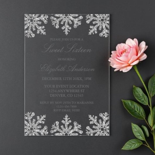 Invitations En Acrylique Silver Snowflake Winter Sweet 16