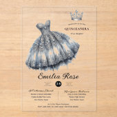 Invitations En Acrylique Silver Sweet15 QUINCEANERA Robe Diamond Papillon (Recto)