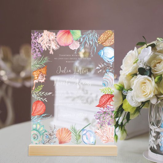Invitations En Acrylique Simple Beach Blue Ocean Seashell Mariage