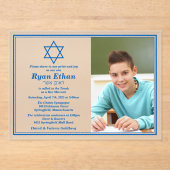 Invitations En Acrylique Simple Blue Star de David Photo Bar Mitzvah (Recto)