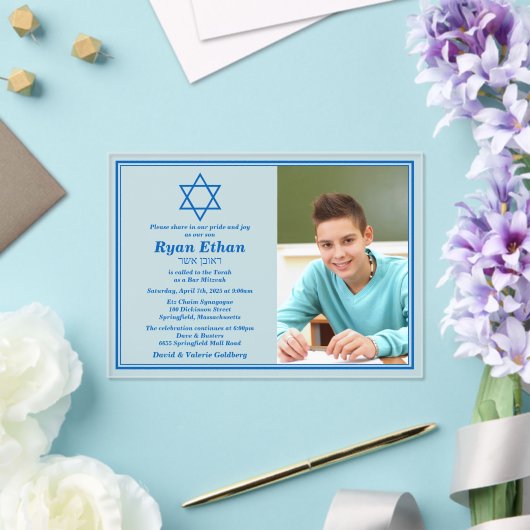 Invitations En Acrylique Simple Blue Star de David Photo Bar Mitzvah (Insitu (Mariage))