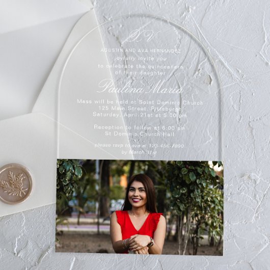Invitations En Acrylique Simple Classique Script XV Photo Quinceañera