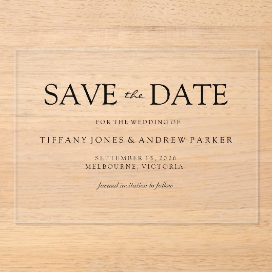 Invitations En Acrylique Simple élégant moderne Script Wedding Enregistrer (Recto)