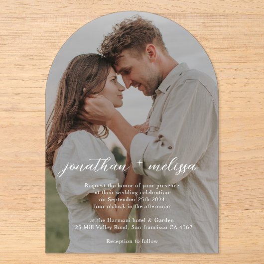 Invitations En Acrylique Simple Élégant Script Photo Mariage Fluide (Recto)