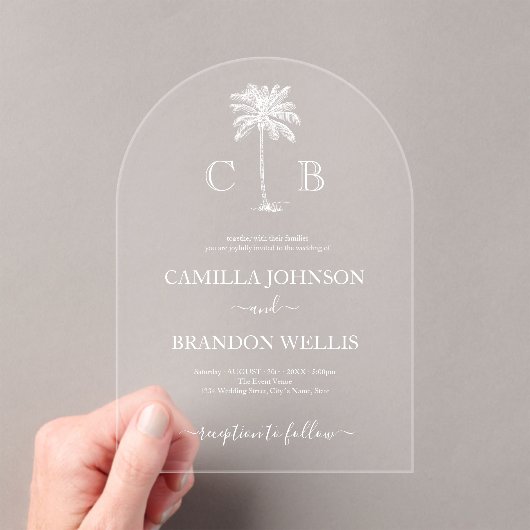 Invitations En Acrylique Simple Elegant Tropical Palm Monograms Wedding (In situ (ordinateur de poche))