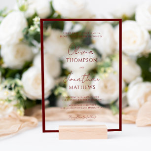 Invitations En Acrylique Simple mariage avec bordure rouge cramoisi script