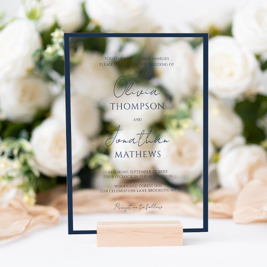 Invitations En Acrylique Simple mariage bleu marine bordure blanc script