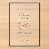 Invitations En Acrylique Simple mariage bleu marine bordure blanc script (Recto)