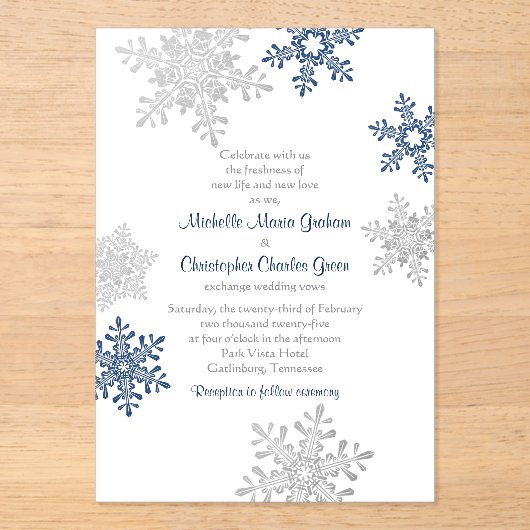 Invitations En Acrylique Simple Marine Blue Silver Snowflake Mariage d'hive (Recto)