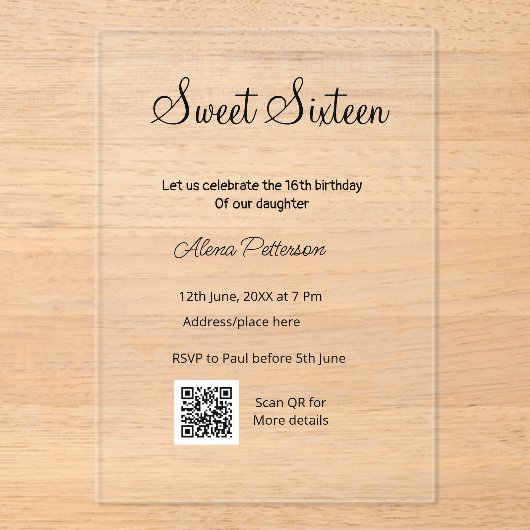 Invitations En Acrylique Simple minimum moderne Sweet sixteen QR anniversai (Recto)