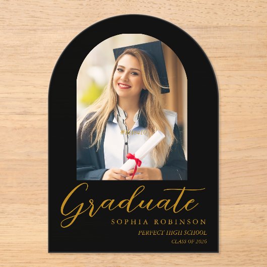 Invitations En Acrylique Simple Modern Arch Photo Gold Script Graduation (Recto)