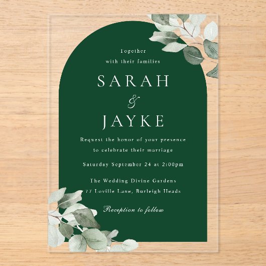 Invitations En Acrylique Simple Modern Leaf Emerald Green Wedding (Recto)