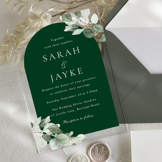 Invitations En Acrylique Simple Modern Leaf Emerald Green Wedding