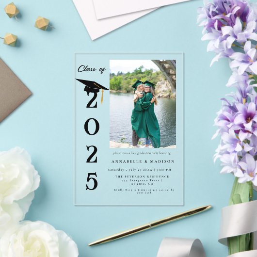 Invitations En Acrylique Simple Moderne Calligraphie Photo Twin Graduation (Insitu (Mariage))