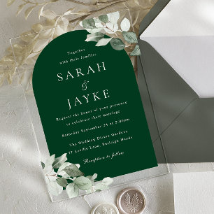 Invitations En Acrylique Simple Moderne Feuille Vert Émeraude Mariage