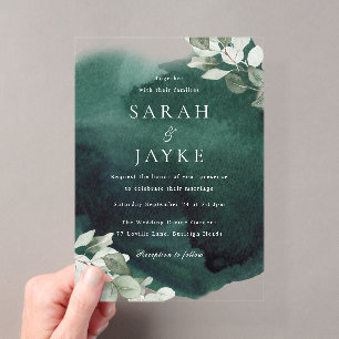 Invitations En Acrylique Simple Moderne Mariage à Feuille Verte Émeraude