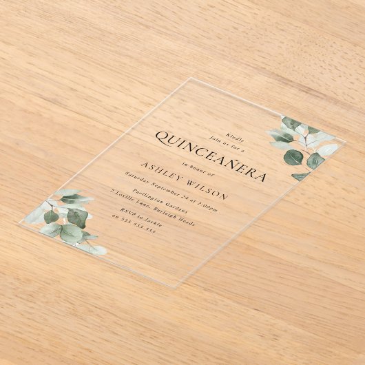 Invitations En Acrylique Simple Moderne Minimale Feuille Verte Quinceanera (Poser)