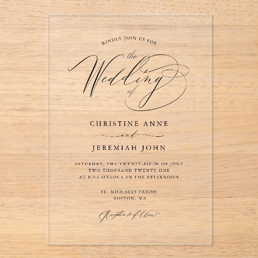 Invitations En Acrylique Simple Noir Moderne Calligraphie Script Mariage (Recto)