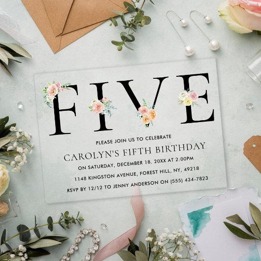 Invitations En Acrylique Simplement élégant Floral CINQ 5e anniversaire