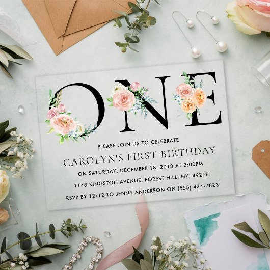 Invitations En Acrylique Simplement élégant Floral ONE 1er anniversaire fêt