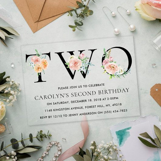 Invitations En Acrylique Simply Elegant Floral DEUX 2e fête d'anniversaire