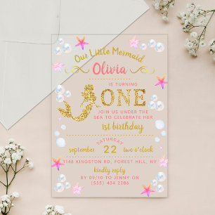 Invitations En Acrylique Sirène Paillettes Rose et Or 1er Anniversaire