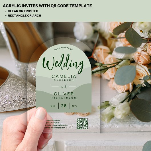 Invitations En Acrylique Site Web RSVP Code QR Mariage Acrylique Vert Olive
