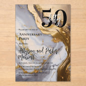 Invitations En Acrylique Sleek Gold | White Marble 50 Anniversary Party (Recto)