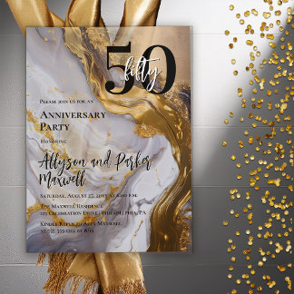 Invitations En Acrylique Sleek Gold | White Marble 50 Anniversary Party