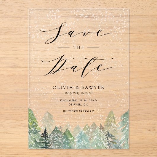 Invitations En Acrylique Snowy À feuillage persistant Woodland Winter Enreg (Recto)