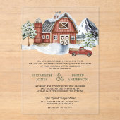 Invitations En Acrylique Snowy Red Barn Winter Christmas Wedding (Recto)