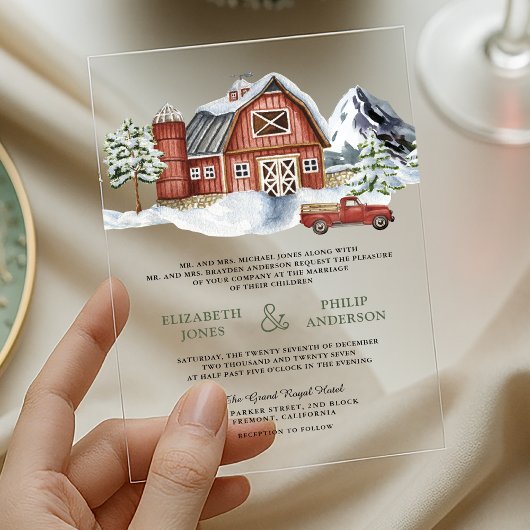 Invitations En Acrylique Snowy Red Barn Winter Christmas Wedding