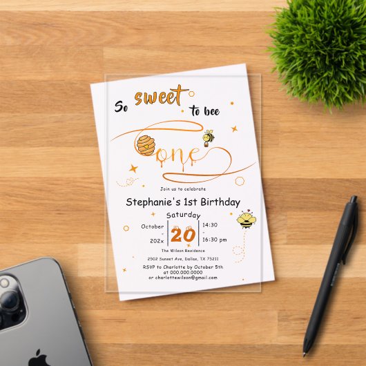 Invitations En Acrylique So Sweet To Bee One Cute Honey Bee 1st Birthday (Insitu (Carte d'invitation))
