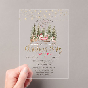 Invitations En Acrylique Société de Noël Forest, Luge, Lumières Or