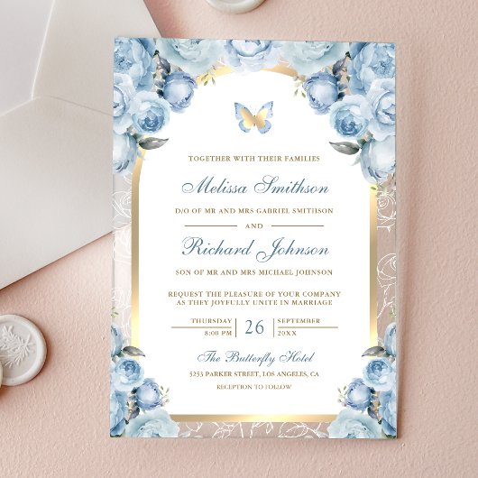 Invitations En Acrylique Soft Blue Floral Gold Arch Butterfly Wedding