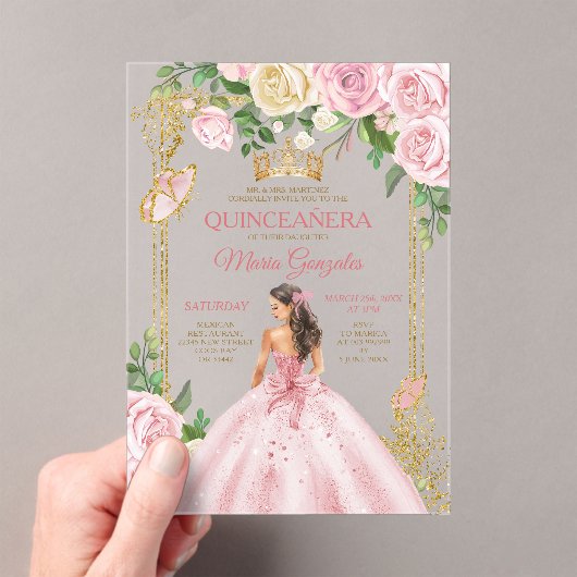 Invitations En Acrylique Soft Blush Rose Mis Quince Couronne Or Quinceañera (In situ (ordinateur de poche))