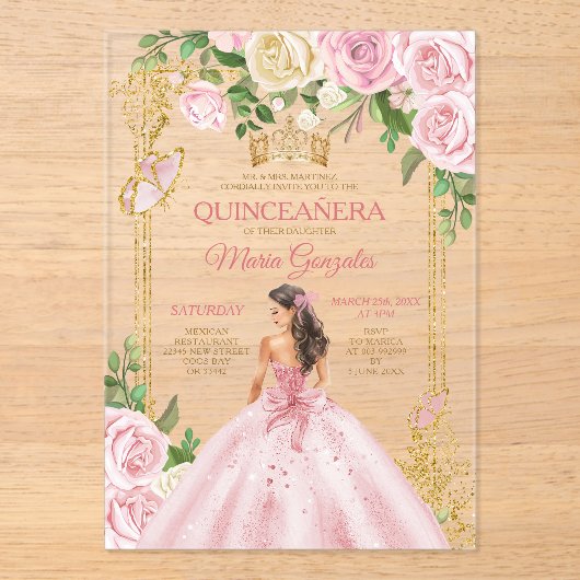 Invitations En Acrylique Soft Blush Rose Mis Quince Couronne Or Quinceañera (Recto)