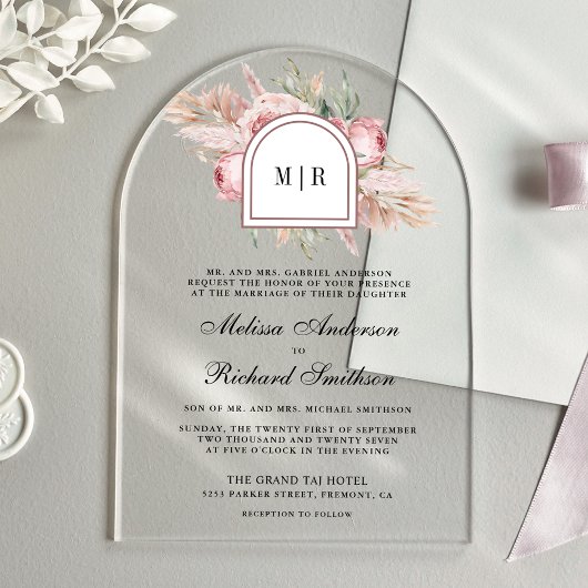 Invitations En Acrylique Soft Dusty Rose Pink Floral Pampas Wedding
