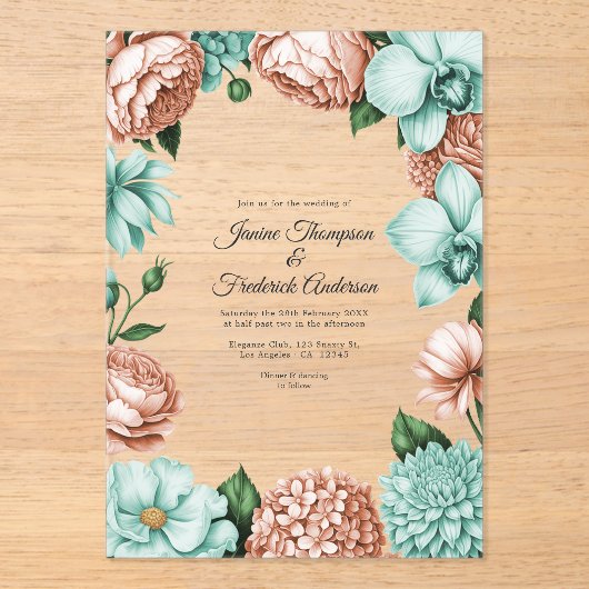 Invitations En Acrylique Soft Peach & Mint Modern Botanical Wedding (Recto)