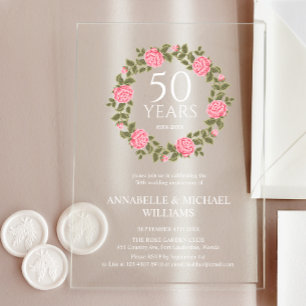 Invitations En Acrylique SOFT ROSE GARLAND 50e ANNIVERSAIRE GOLDEN Mariage