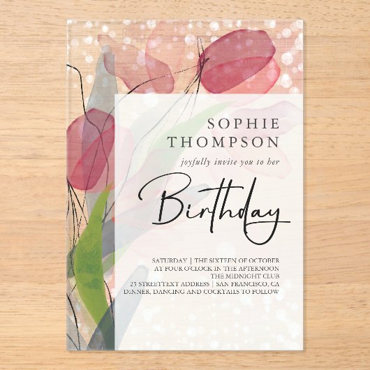 Invitations En Acrylique Soft tulipes élégant anniversaire (Recto)