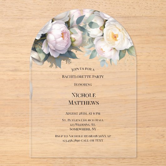 Invitations En Acrylique Soft White Peony with Eucalyptus Bachelorette (Recto)